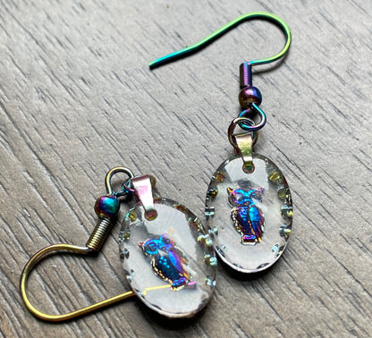 Glass Intaglio Oval Owl Earrings